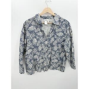 Coldwater Creek Blue Tropical Pineapple Linen Pearl Snap Button Down Shirt Large